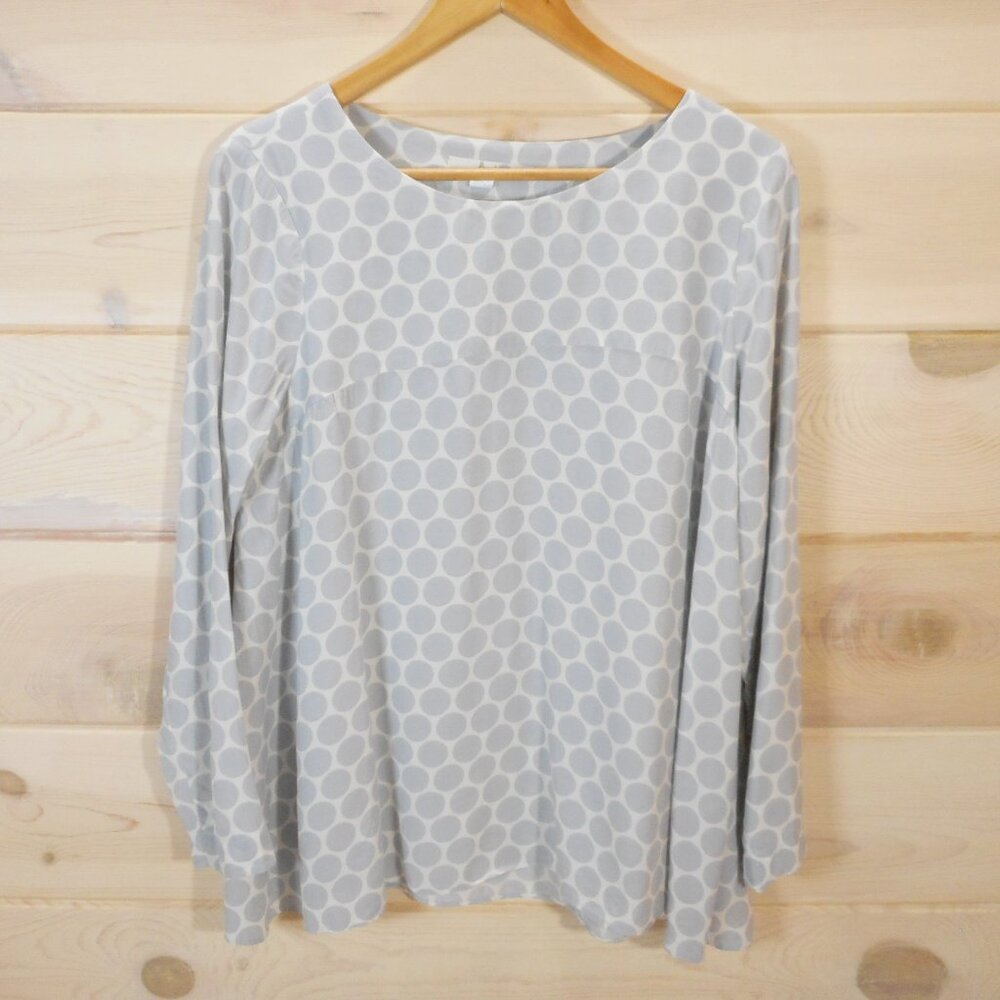 Boden Women's US Size 10 Petite Blouse Long Sleeve Gray White Polka Dot Top